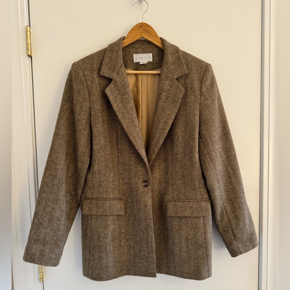 Vintage Saks 100% wool fully lined herringbone blazer